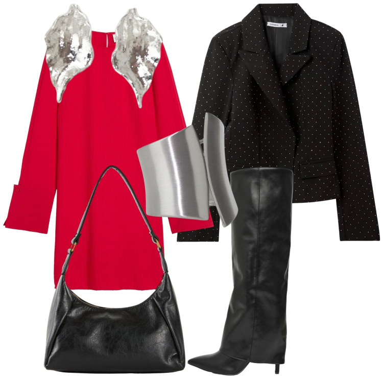 Outfit donna - Serata... in rosso. Stile Trendy per Serata fuori. Abbinamento con vestiti corti, borse a mano, blazer, stivali, anelli, orecchini.
