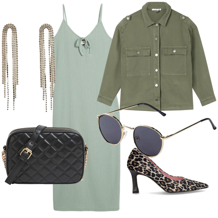 Outfit donna - Uscita alternativa. Stile Trendy per Serata fuori. Abbinamento con occhiali da sole, vestiti midi/longuette, borse a tracolla, orecchini, cappotti, décolleté.
