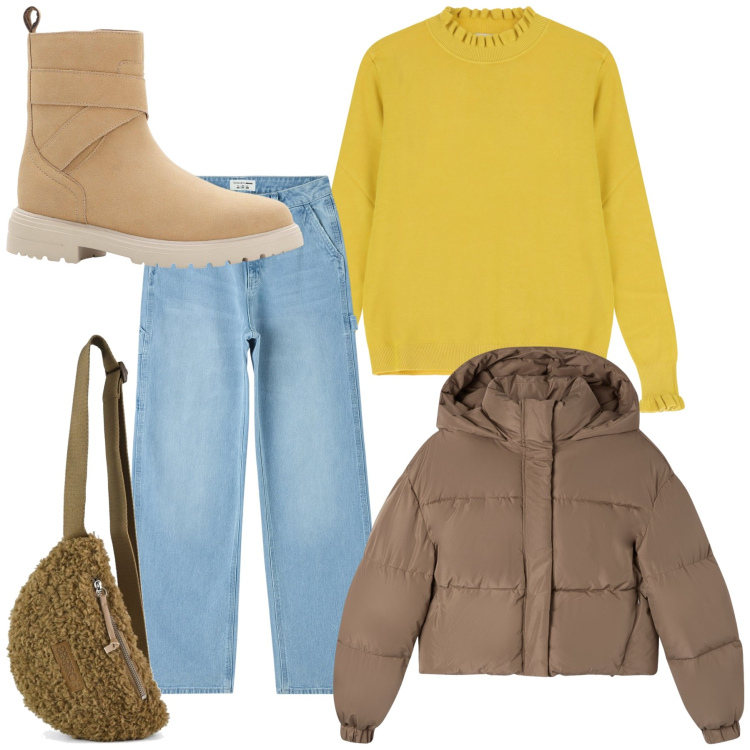 Outfit donna - Caldi accessori. Stile Casual per Tutti i giorni. Abbinamento con stivaletti, jeans, bomber, maglieria, marsupi.