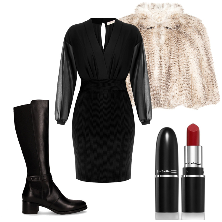 Outfit donna - Total look #2264102. Stile Chic per Serata fuori. Abbinamento con rossetti, ecopellicce, vestiti a tubino, stivali.