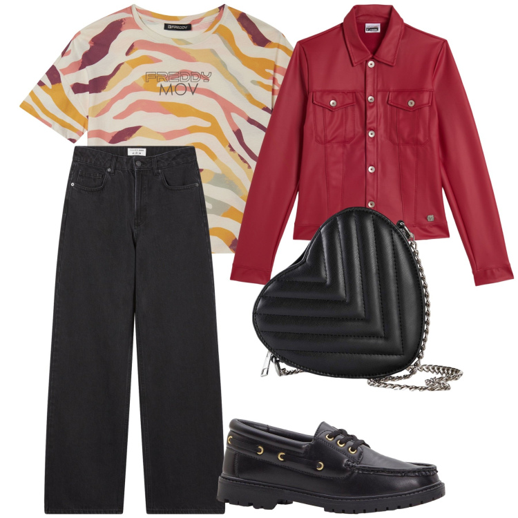 Outfit donna - Il cuore che non ti aspetti. Stile Trendy per Tutti i giorni. Abbinamento con borse a tracolla, mocassini, jeans, t-shirt, giacche.