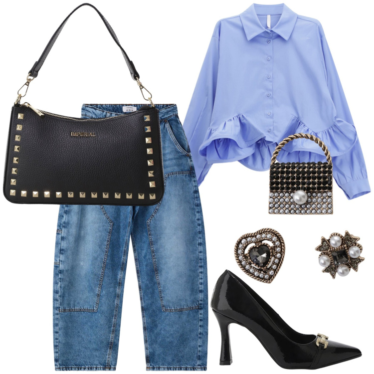 Outfit donna - A cena svolazzante. Stile Glamour per Serata fuori. Abbinamento con jeans dritti, camicie, pochette, décolleté, accessori per capelli.