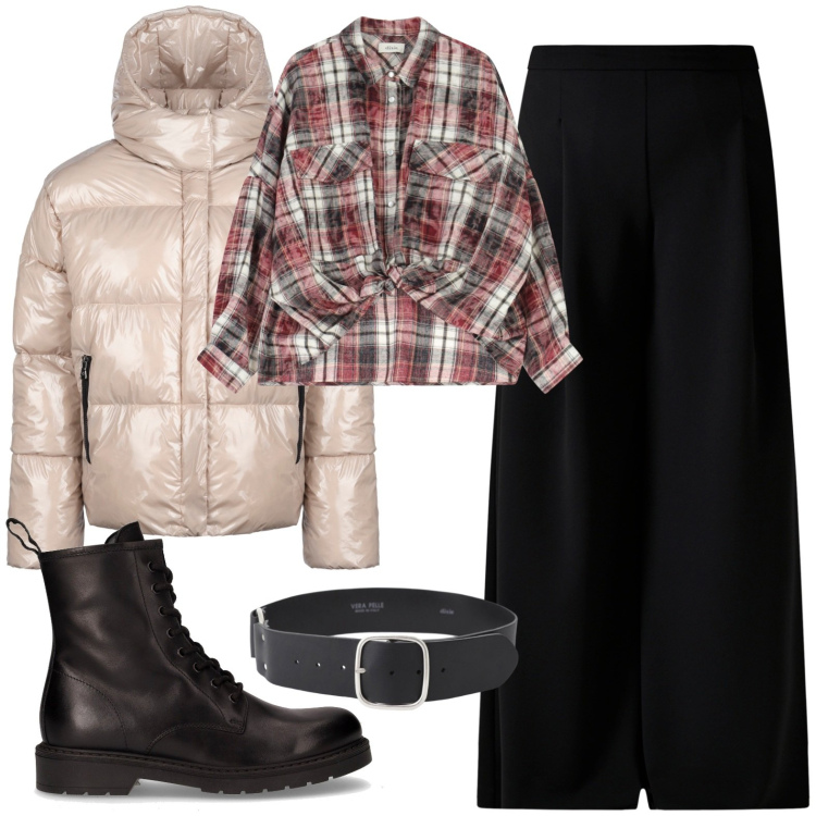 Outfit donna - Anfibi e quadri. Stile Casual per Tutti i giorni. Abbinamento con pantaloni a palazzo, cinture, camicie, blazer, anfibi.