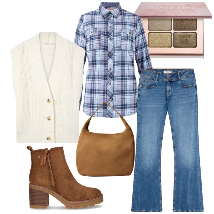 Outfit donna - Total look #2264110. Stile Urban per Tutti i giorni. Abbinamento con camicie, ombretti, borse a mano, gilet, jeans a zampa, stivaletti.