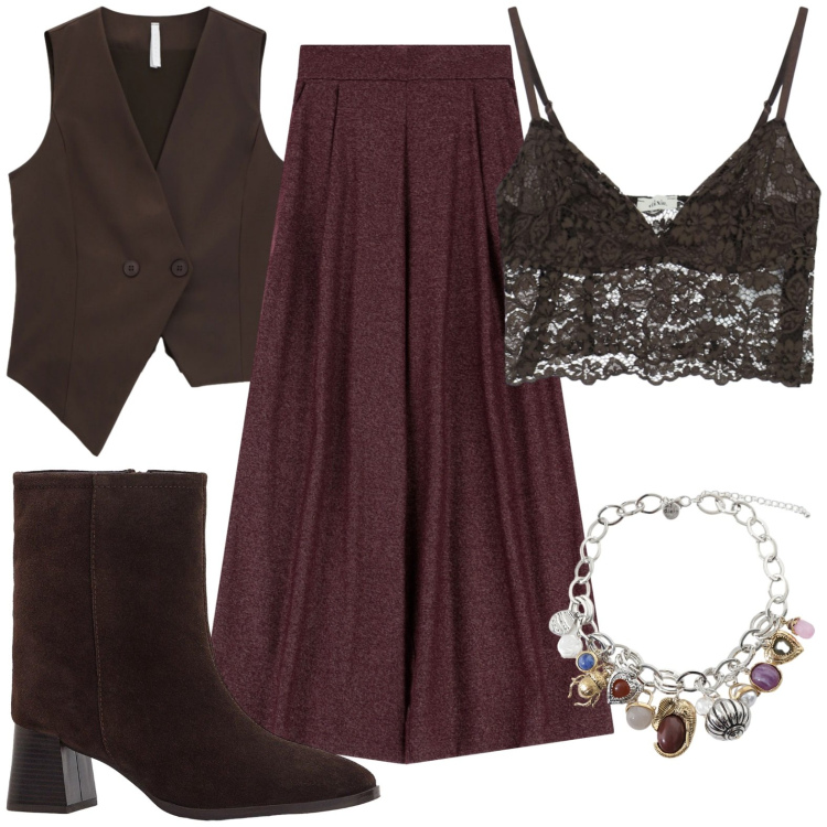 Outfit donna - Pizzo vedo non vedo. Stile Sexy per Serata fuori. Abbinamento con stivaletti, pantaloni a palazzo, gilet, braccialetti con ciondoli, top.