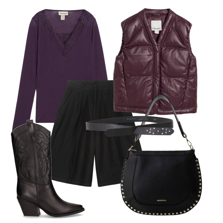 Outfit donna - In love with violet- autumn season. Stile Trendy per Tutti i giorni. Abbinamento con piumini, maglieria, cinture, borse a spalla, bermuda, stivali.