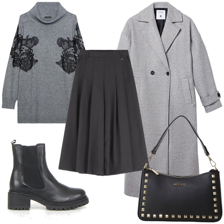 Outfit donna - Love grigio. Stile Casual per Tutti i giorni. Abbinamento con cappotti, pantaloni a palazzo, pochette, maglieria, stivaletti chelsea.