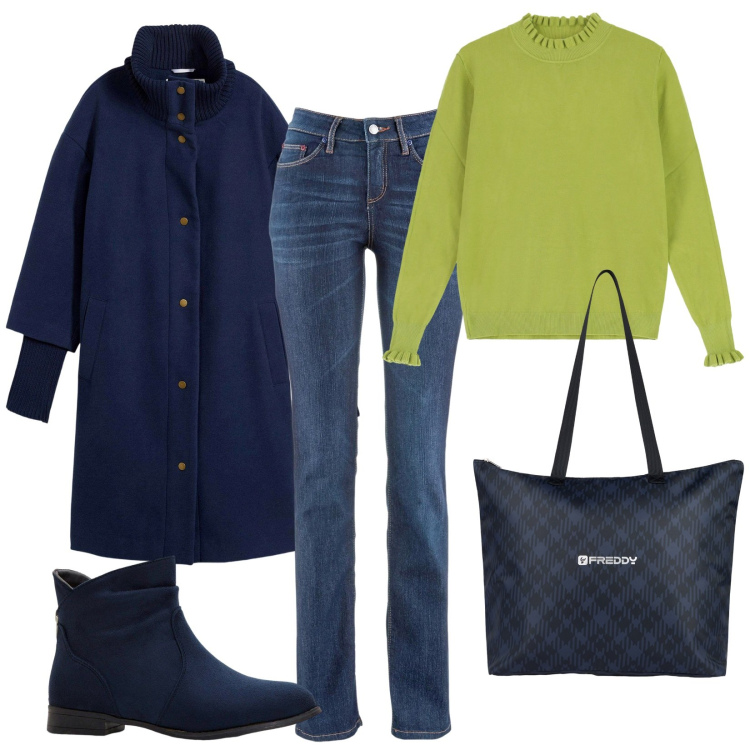 Outfit donna - Autunno a colori. Stile Basic per Tutti i giorni. Abbinamento con jeans dritti, stivaletti, cappotti, shopping bag, maglieria.