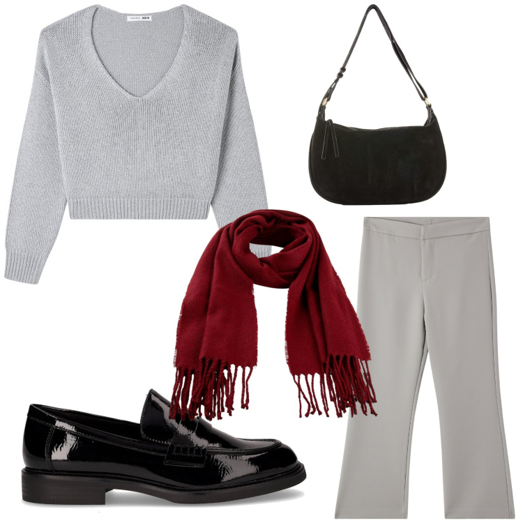 Outfit donna - Gita al museo. Stile Casual per Tutti i giorni. Abbinamento con sciarpe, borse a mano, maglieria, pantaloni, mocassini.