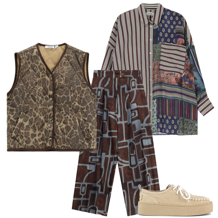 Outfit donna - Etnicochic-urban. Stile Etnico per Tutti i giorni. Abbinamento con gilet, camicie, pantaloni a palazzo, mocassini.