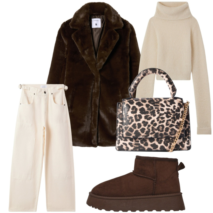 Outfit donna - Borsa con stampa animalier. Stile Basic per Scuola/Università. Abbinamento con pantaloni, stivaletti, maglieria, borse a tracolla, cappotti.