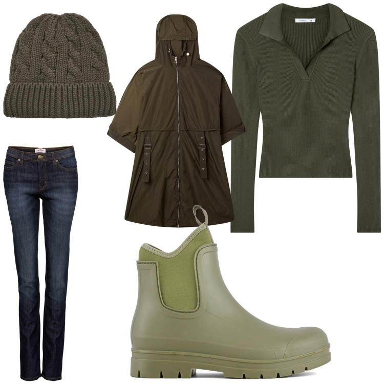 Outfit donna - Giorno di pioggia. Stile Basic per Tutti i giorni. Abbinamento con jeans mom, trench, maglieria, berretti, stivali.
