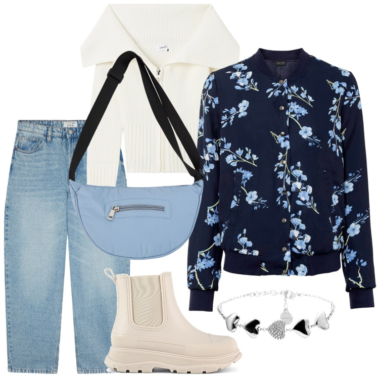 Outfit donna - Tormentone bomber. Stile Trendy per Scuola/Università. Abbinamento con bomber, cardigans, borse a tracolla, jeans, braccialetti, stivali.