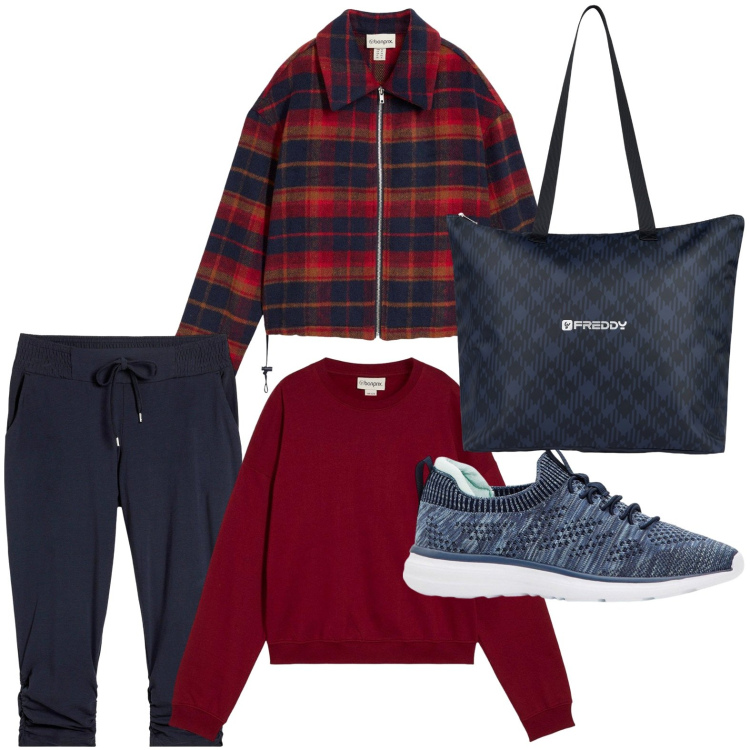 Outfit donna - Guardaroba di mezza stagione. Stile Casual chic per Scuola/Università. Abbinamento con pantaloni, felpe, blazer, sneakers, shopping bag.