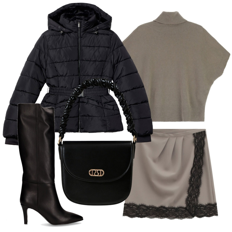 Outfit donna - La giacca autunnale. Stile Glamour per Serata fuori. Abbinamento con piumini, borse a mano, maglieria, minigonne, stivali.