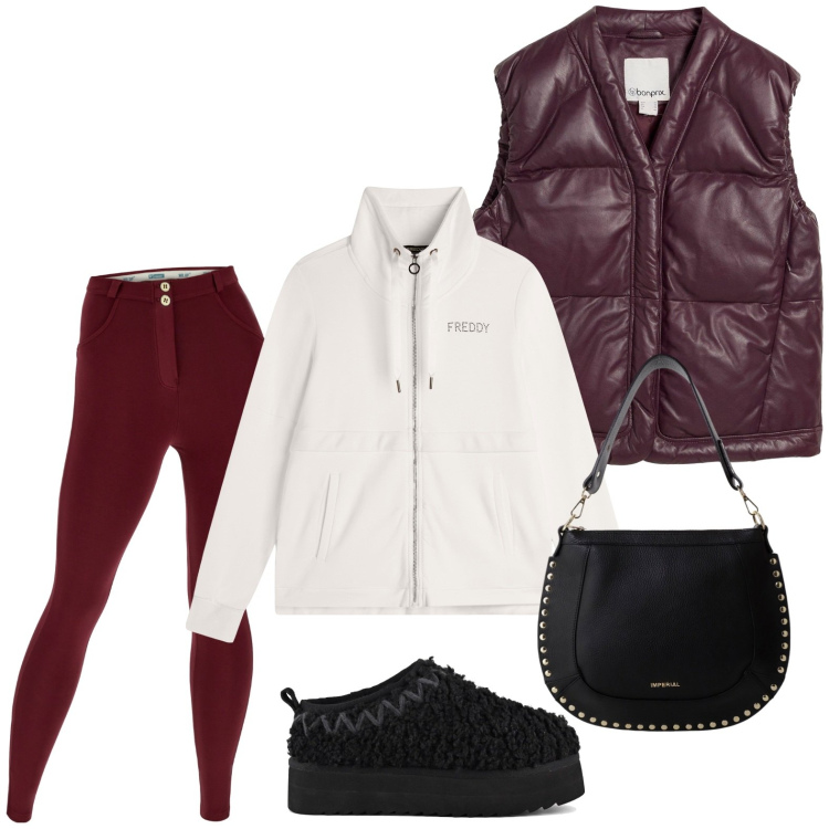 Outfit donna - Minimalismo sportivo. Stile Casual chic per Tutti i giorni. Abbinamento con piumini, borse a spalla, pantaloni skinny, felpe, stivaletti.