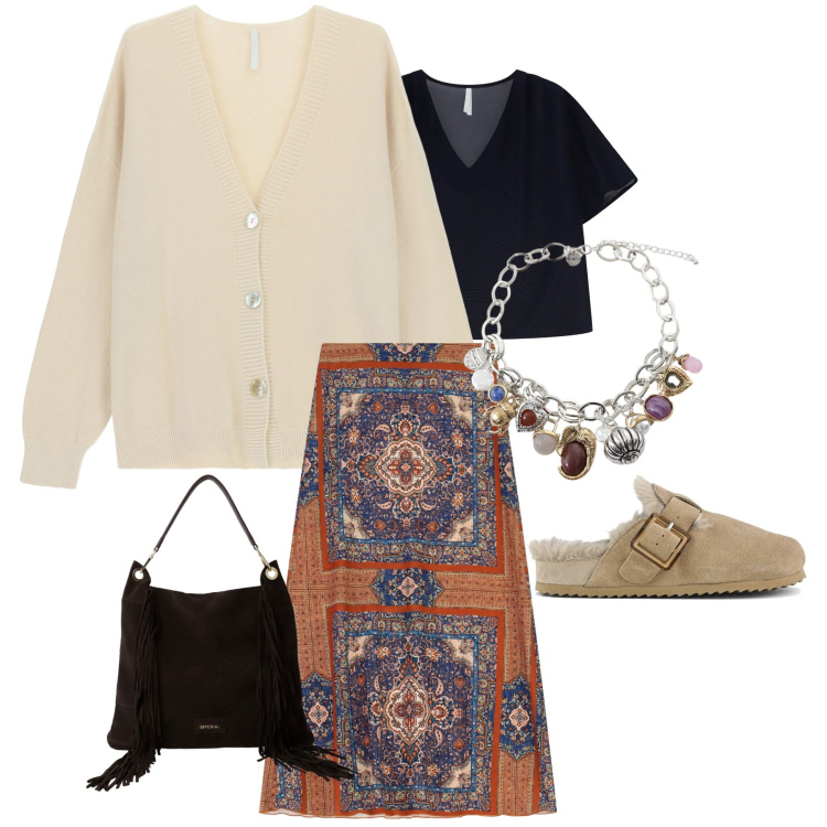 Outfit donna - Gitana style. Stile Etnico per Tutti i giorni. Abbinamento con bluse, cardigans, borse a spalla, braccialetti con ciondoli, gonne lunghe, sabot.