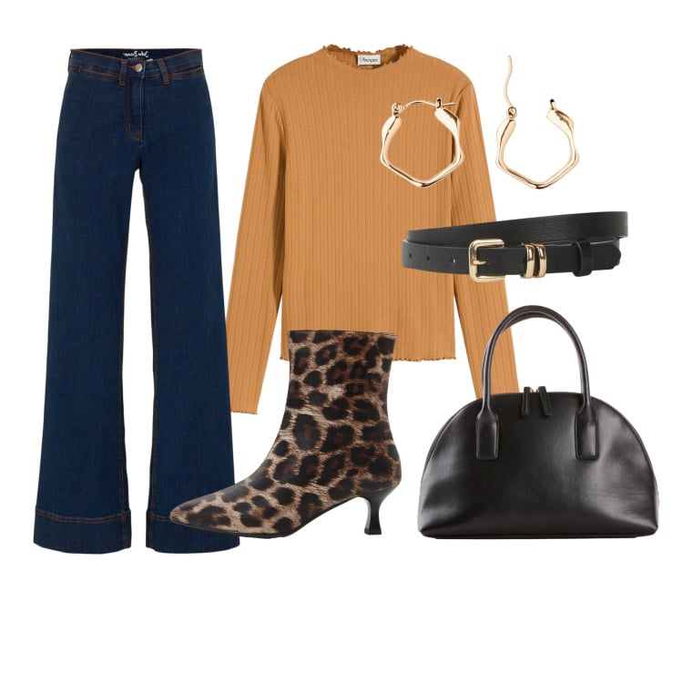 Outfit donna - Autunno con stile. Stile Casual chic per Tutti i giorni. Abbinamento con jeans, maglieria, stivaletti, shopping bag, orecchini, cinture.