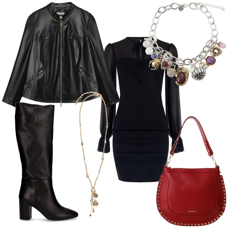 Outfit donna - Total look #2264128. Stile Chic per Serata fuori. Abbinamento con vestiti a tubino, borse a spalla, braccialetti con ciondoli, stivali, giacche, ciondoli.