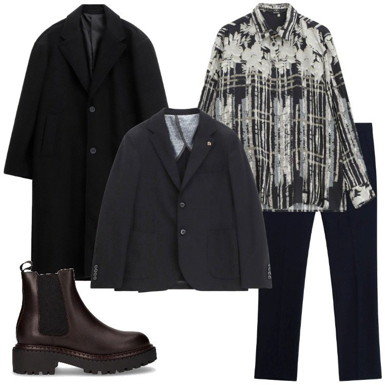 Outfit uomo - Il cappotto nero. Stile Trendy per Serata speciale. Abbinamento con camicie, pantaloni, cappotti, giacche, stivali e stivaletti.