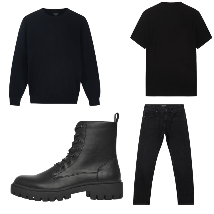 Outfit uomo - Total black. Stile Business/Elegante per Tutti i giorni. Abbinamento con anfibi, jeans, t-shirt, maglieria.