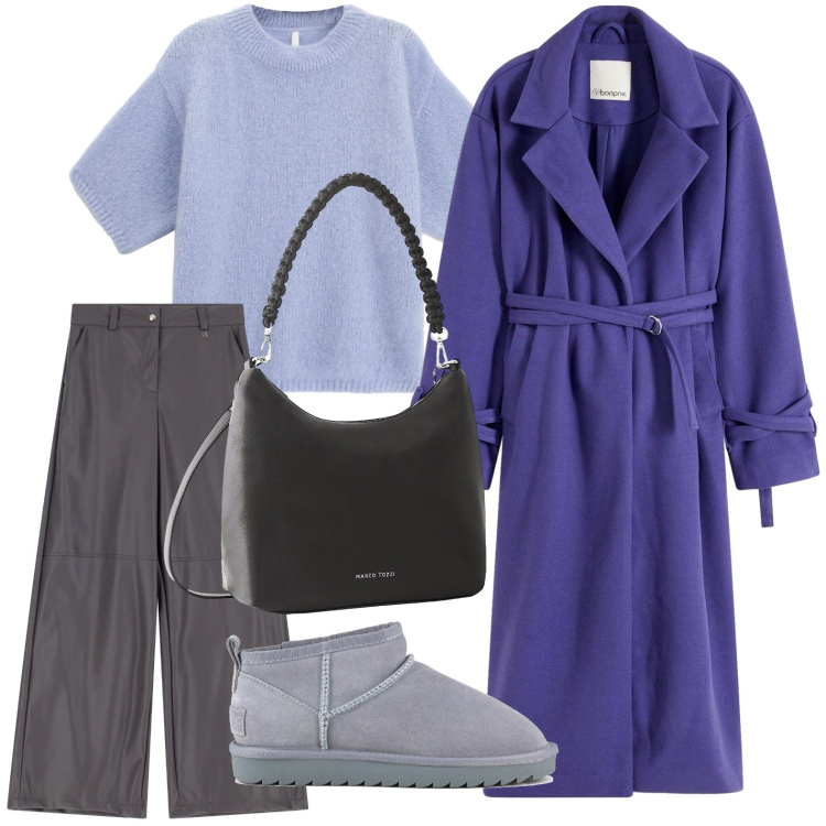 Outfit donna - Il cappotto sinuoso. Stile Glamour per Ufficio. Abbinamento con cappotti, borse a mano, pantaloni, maglieria, stivali.