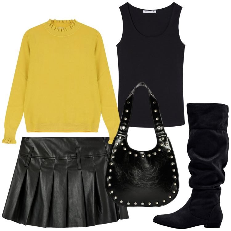 Outfit donna - Un po\' di gialli con il nero. Stile Casual chic per Tutti i giorni. Abbinamento con stivali, minigonne, top, maglieria, borse a spalla.