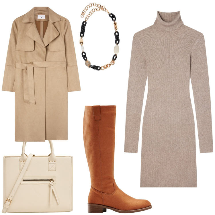 Outfit donna - Trench mania. Stile Chic per Tutti i giorni. Abbinamento con stivali, vestiti corti, trench, shopping bag, collane.