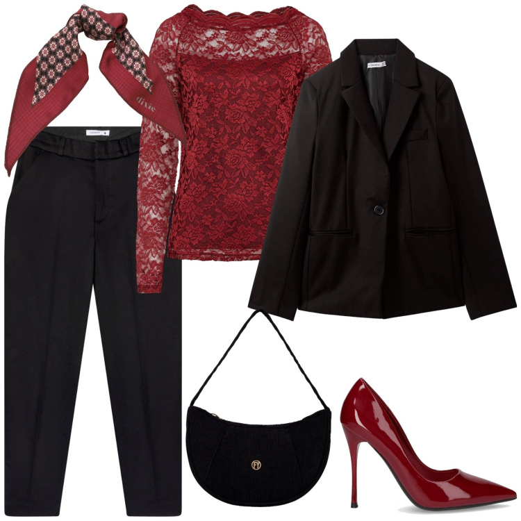 Outfit donna - Total look #2264146. Stile Chic per Serata fuori. Abbinamento con maglieria, pantaloni chino, blazer, foulard, borse a mano, décolleté.