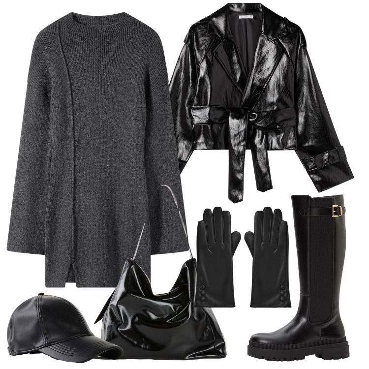 Outfit donna - Down town in trend. Stile Urban per Tutti i giorni. Abbinamento con cappelli con visiera, shopping bag, stivali, vestiti corti, guanti, giacche.