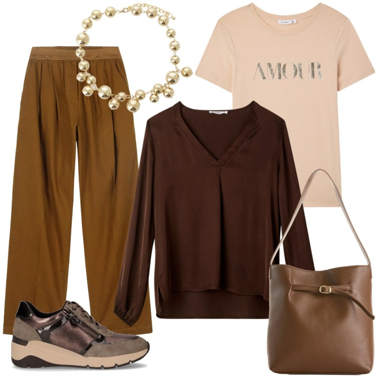 Outfit donna - In ufficio. Stile Casual per Ufficio. Abbinamento con borse a mano, t-shirt, bluse, collane, pantaloni, sneakers alte.