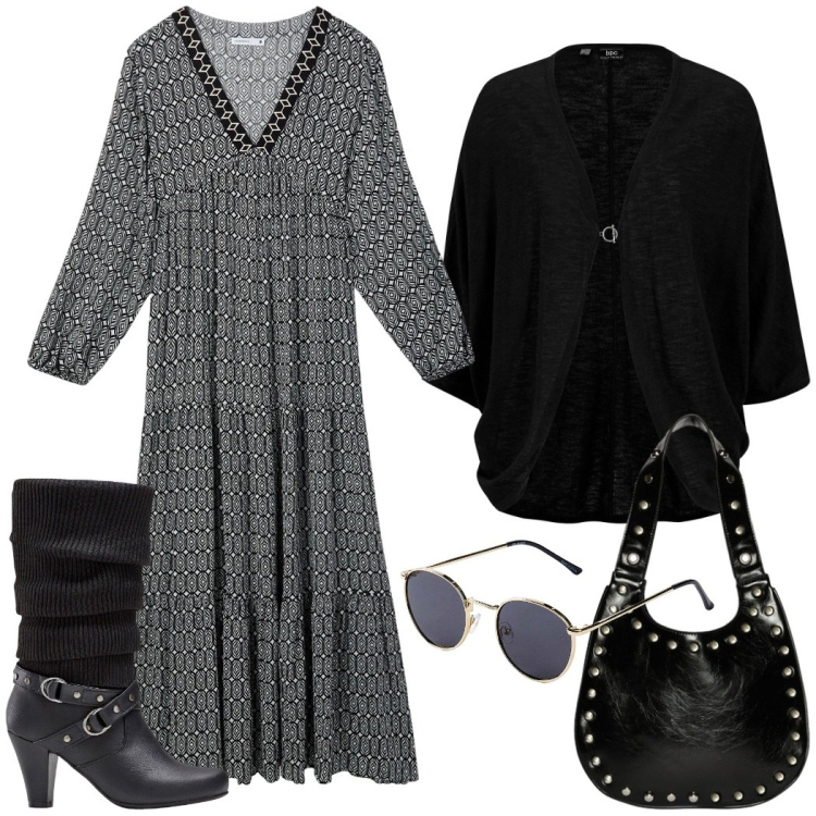 Outfit donna - Total look #2264154. Stile Casual per Tutti i giorni. Abbinamento con stivali, cardigans, occhiali da sole, vestiti lunghi, borse a spalla.