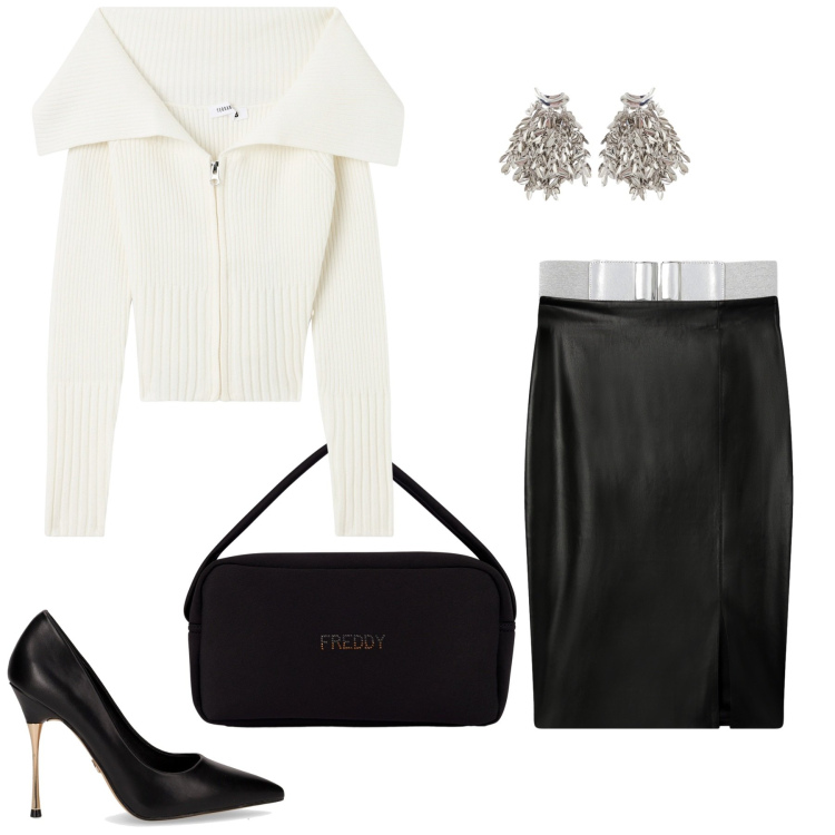 Outfit donna - Serata fuori. Stile Chic per Serata fuori. Abbinamento con cardigans, cinture, gonne longuette, borse a mano, orecchini, décolleté.