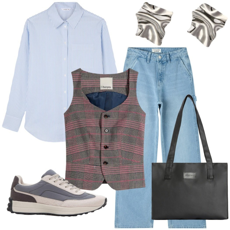 Outfit donna - A lezione. Stile Casual per Scuola/Università. Abbinamento con sneakers, gilet, jeans, camicie, shopping bag, orecchini.