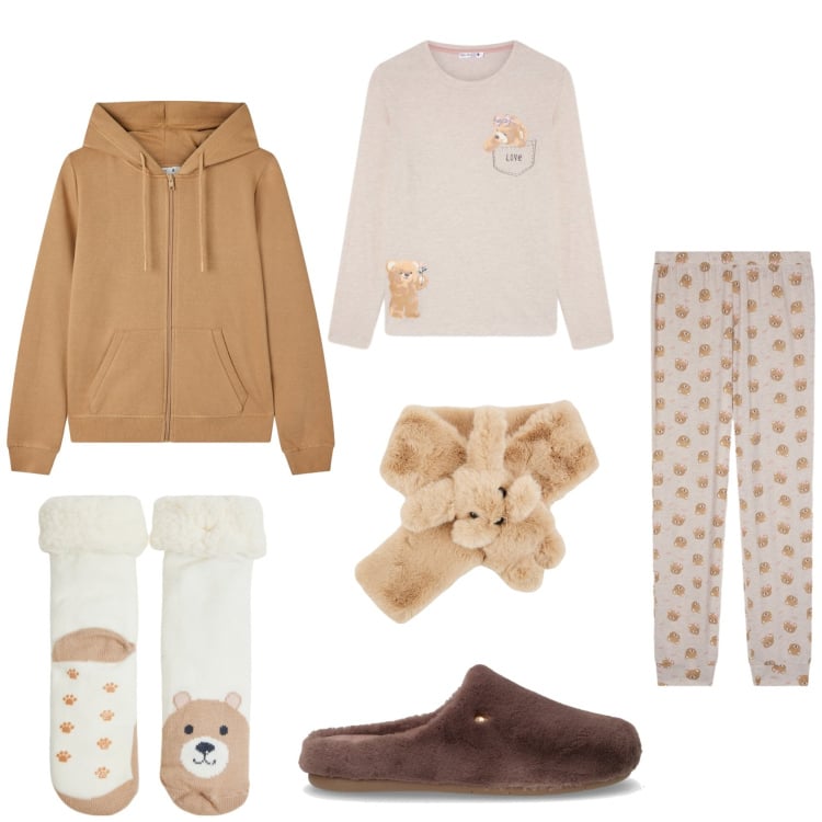 Outfit donna - stasera non esco. Stile Casual per Tutti i giorni. Abbinamento con sciarpe, felpe con cappuccio, pigiama, calzini, ciabatte.