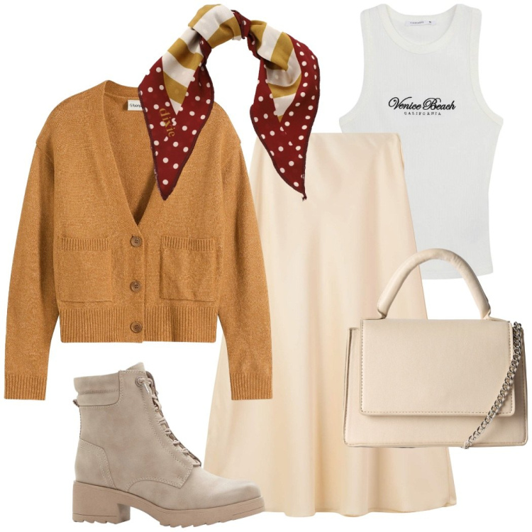 Outfit donna - Total look #2264164. Stile Preppy per Tutti i giorni. Abbinamento con stivaletti, cardigans, gonne lunghe, canottiere, borse a tracolla, foulard.