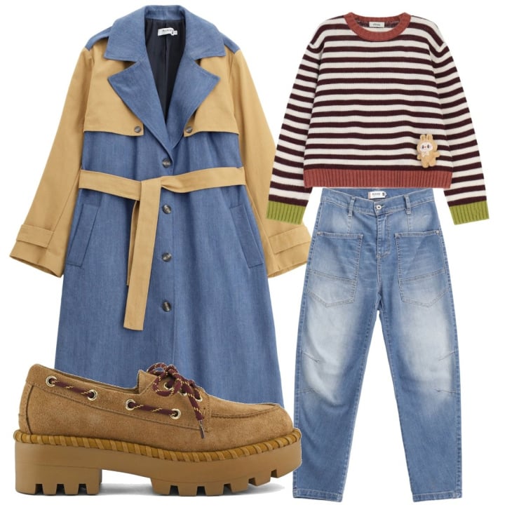 Outfit donna - Trench bicolore. Stile Casual per Tutti i giorni. Abbinamento con trench, jeans, maglieria, mocassini.