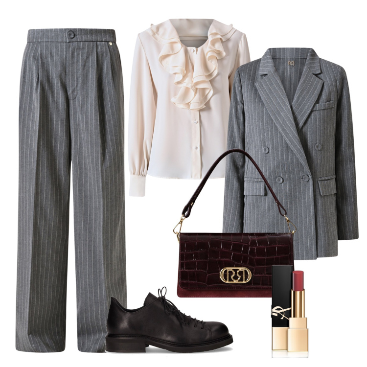 Outfit donna - Evento formale in gessato. Stile Mannish per Tutti i giorni. Abbinamento con rossetti, pantaloni, blazer, borse a mano, bluse, scarpe stringate.