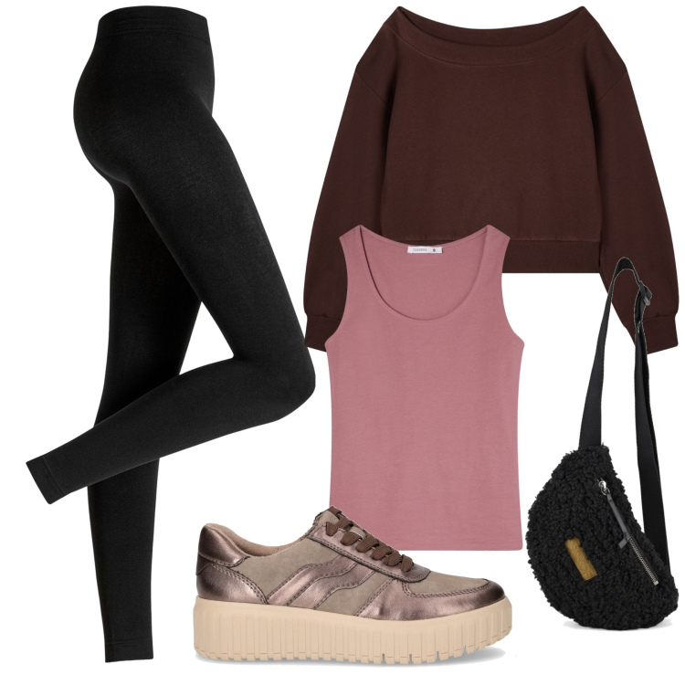Outfit donna - Sporty. Stile Sporty chic per Sport. Abbinamento con leggings, top, felpe, sneakers, marsupi.