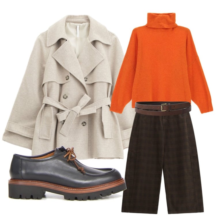 Outfit donna - Pumpkin & trench. Stile Casual chic per Ufficio. Abbinamento con pantaloni, cinture, trench, maglieria, mocassini.