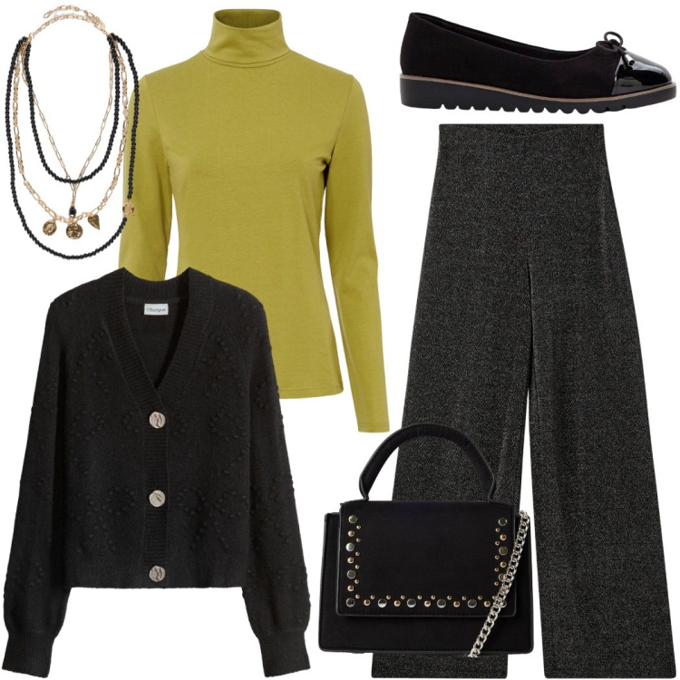Outfit donna - Cena da amici. Stile Casual chic per Serata fuori. Abbinamento con cardigans, maglieria, ballerine, pantaloni, borse a tracolla, collane.
