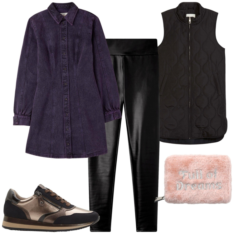 Outfit donna - Sporty. Stile Sporty chic per Sport. Abbinamento con sneakers, piumini, vestiti chemisier, leggings, portafogli.