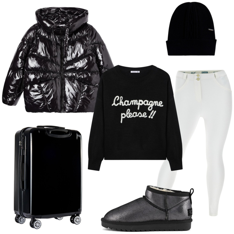 Outfit donna - Gita in montagna. Stile Casual chic per Tutti i giorni. Abbinamento con bomber, maglieria, pantaloni skinny, cappelli, valigie, stivali.