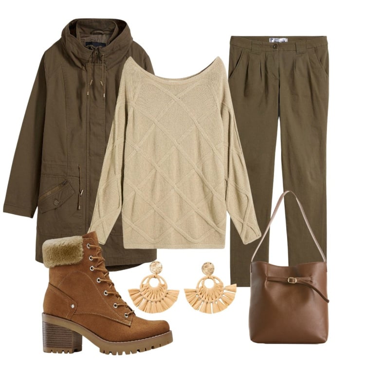 Outfit donna - Total look #2264175. Stile Casual per Tutti i giorni. Abbinamento con pantaloni chino, maglieria, parka, orecchini, stivaletti, borse a mano.