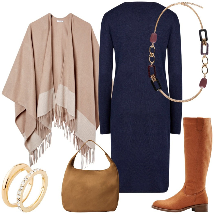 Outfit donna - Eleganza in ufficio e fuori. Stile Bon Ton per Ufficio. Abbinamento con stivali, anelli, borse a mano, cappe, vestiti midi/longuette, collane.
