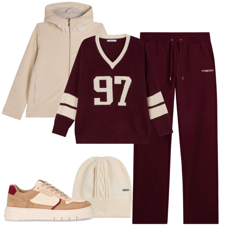 Outfit donna - Tempo libero. Stile Casual per Tutti i giorni. Abbinamento con t-shirt sportive, blazer, berretti, pantaloni, sneakers.