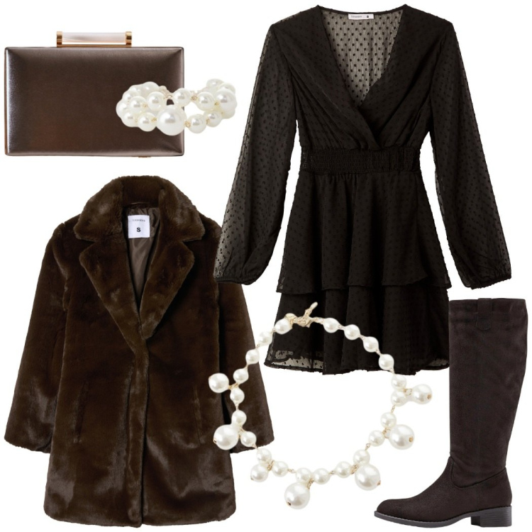 Outfit donna - Color cioccolato per la sera. Stile Romantica per Serata fuori. Abbinamento con stivali, vestiti corti, cappotti, clutch, collane, anelli.