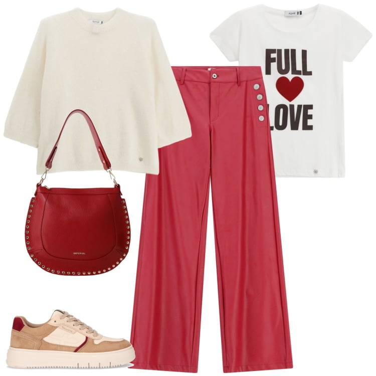 Outfit donna - Rosso e bianco. Stile Urban per Tutti i giorni. Abbinamento con pantaloni a palazzo, t-shirt, pullovers, borse a spalla, sneakers.