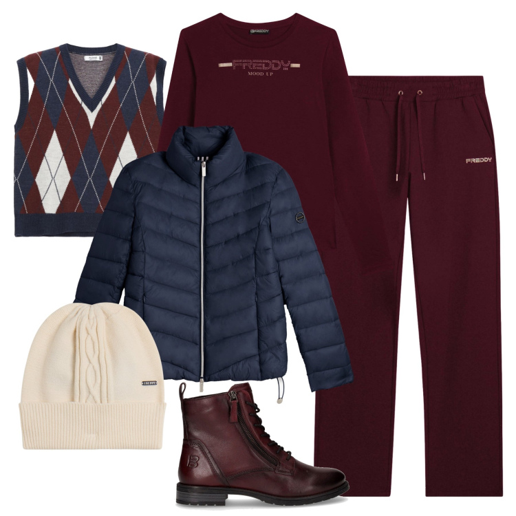Outfit donna - Freddy all’università. Stile Casual per Scuola/Università. Abbinamento con gilet, pantaloni, berretti, t-shirt, piumini, anfibi.