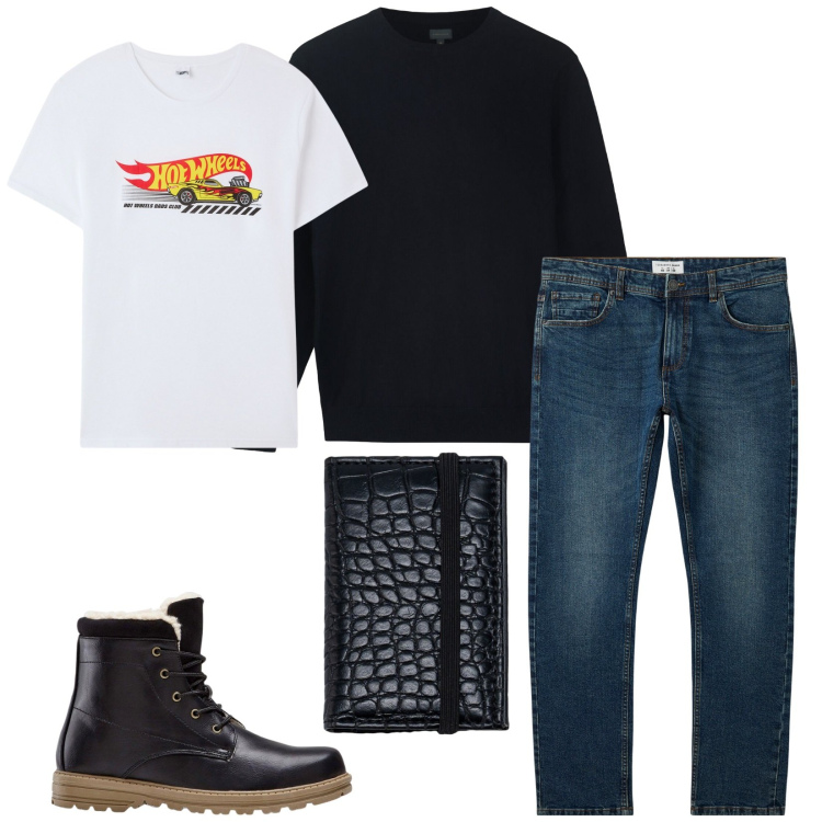 Outfit uomo - Total look #2264185. Stile Casual per Tutti i giorni. Abbinamento con stivali e stivaletti, jeans, t-shirt, maglieria, portafogli.